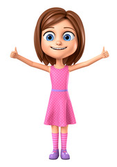 The girl in a pink dress shows two thumbs up. 3d render illustration. Illustration for advertising.
