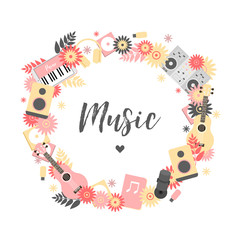 A round collage in the form of a circle with flowers, musical instruments and DJ console © Anastasiia