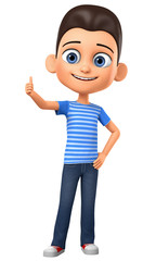 3d rendering. Cheerful guy in striped clothes showing thumbs up on white background.