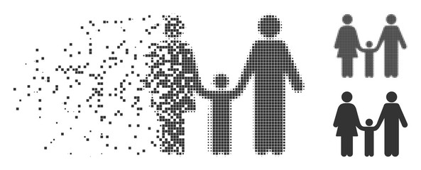 Dispersed family child pixel icon with disintegration effect. Halftone pixelated and intact solid grey versions. Dots have rectangle shape. Particles are grouped into dissolving family child figure.