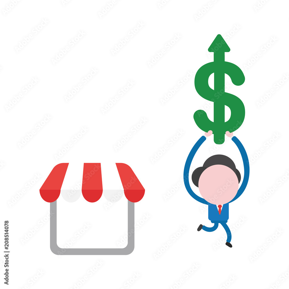 Poster vector businessman character with shop store and running and carrying dollar arrow moving up