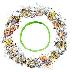 Festive, spring, fruit, berry, forest, meadow, field, village wreath. Watercolor. Graphic arts. Illustration