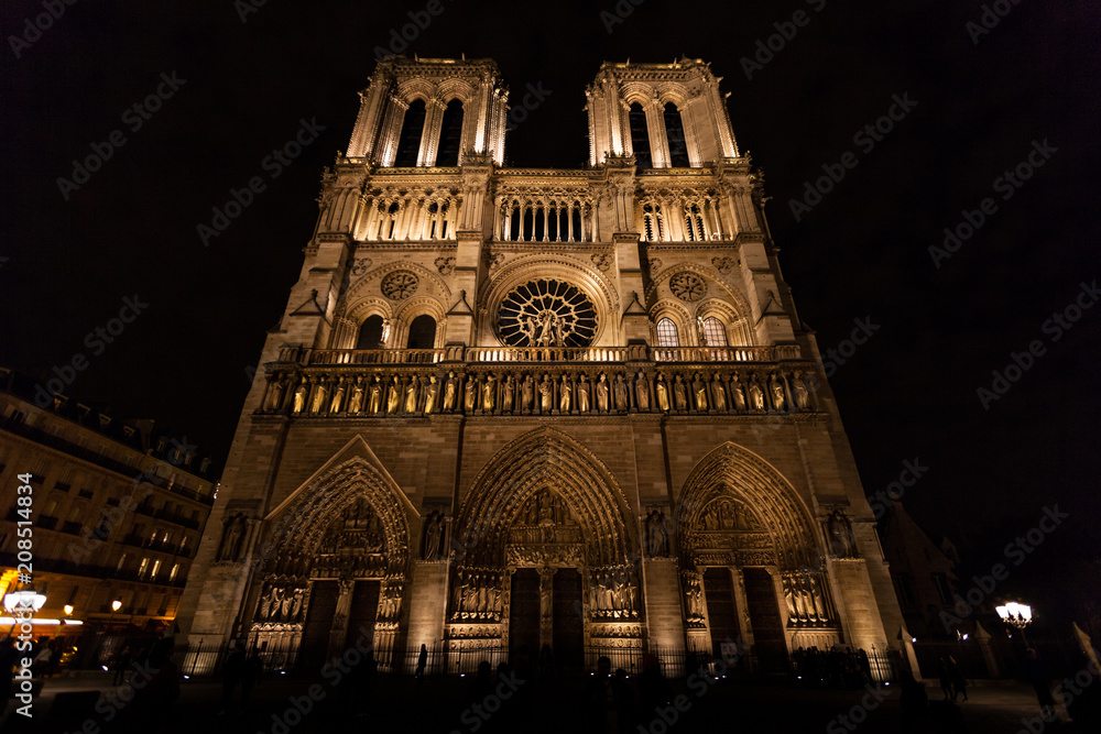 Wall mural wide angle view of beautifully illuminatated notre dame cathedral in paris at night.