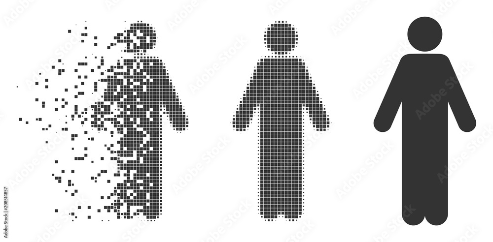 Poster dissolved male pixel icon with disintegration effect. halftone dotted and undamaged entire gray vers