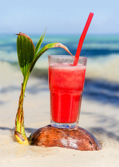 Melon juice on a sea beach. Glasses with red drink and straw stands on a fallen coconut. Exotic fruit refreshment beverage on a tropical vacation.