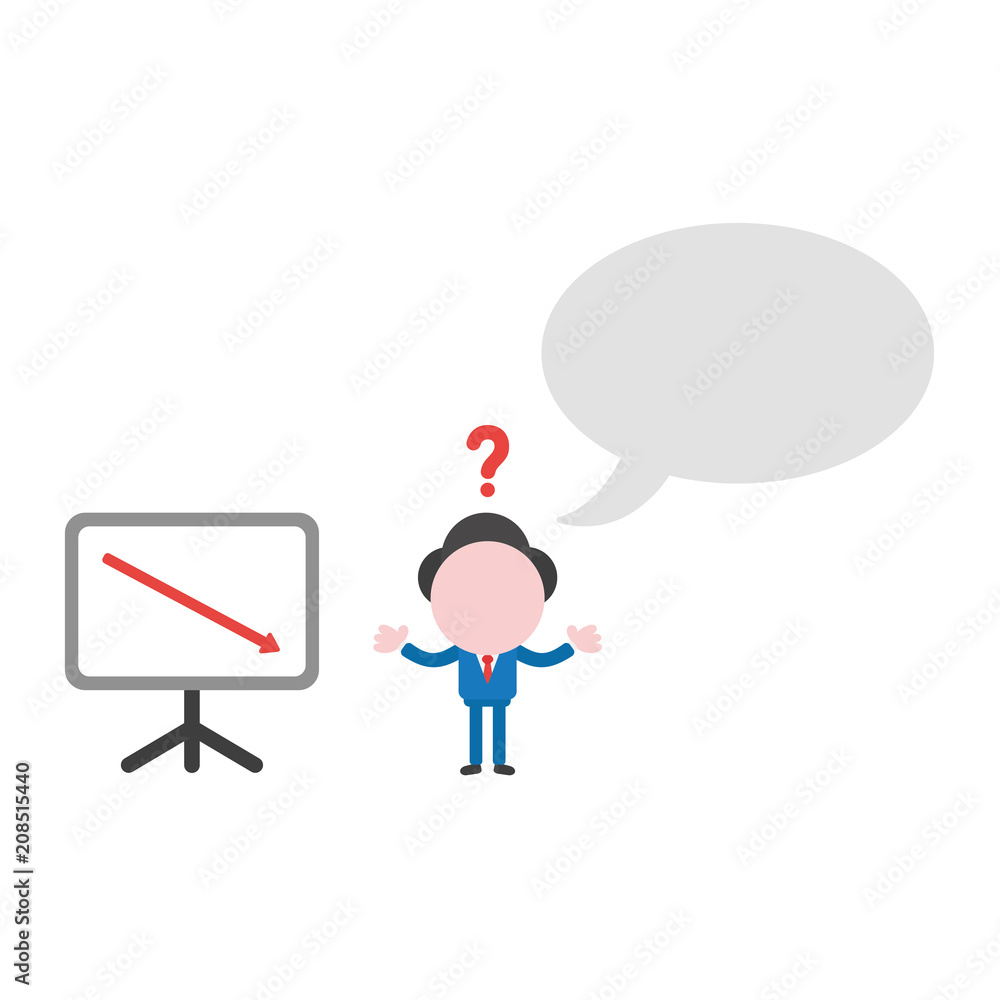Poster vector businessman character with blank speech bubble and sales chart arrow moving down
