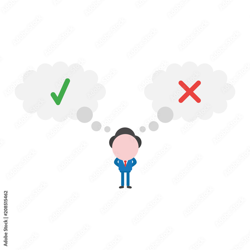 Poster vector businessman character with thought bubbles with check and x marks