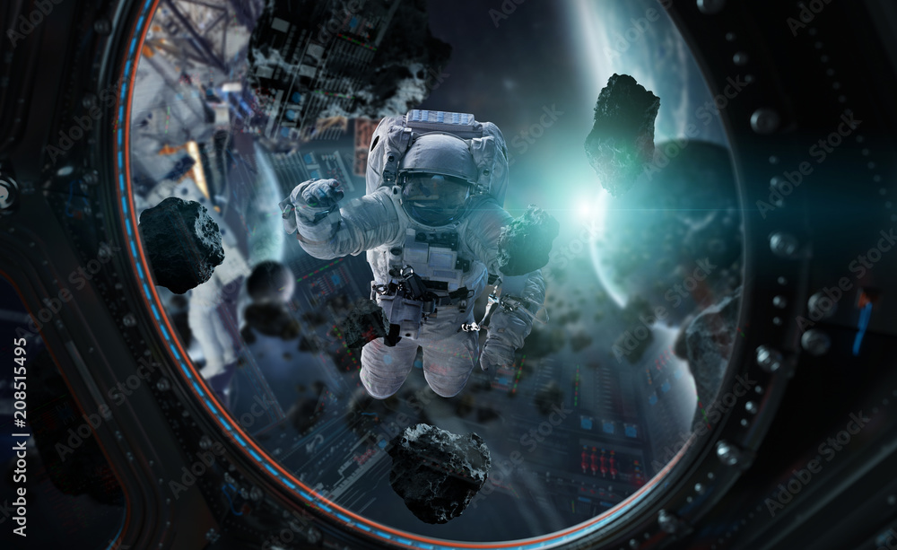 Poster astronaut working on a space station 3d rendering elements of this image furnished by nasa
