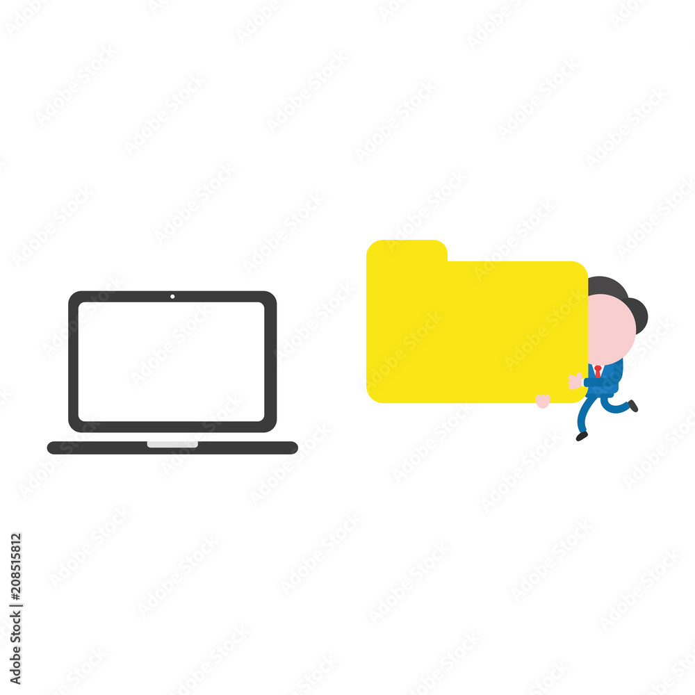 Poster vector businessman character running and carrying file folder to laptop computer