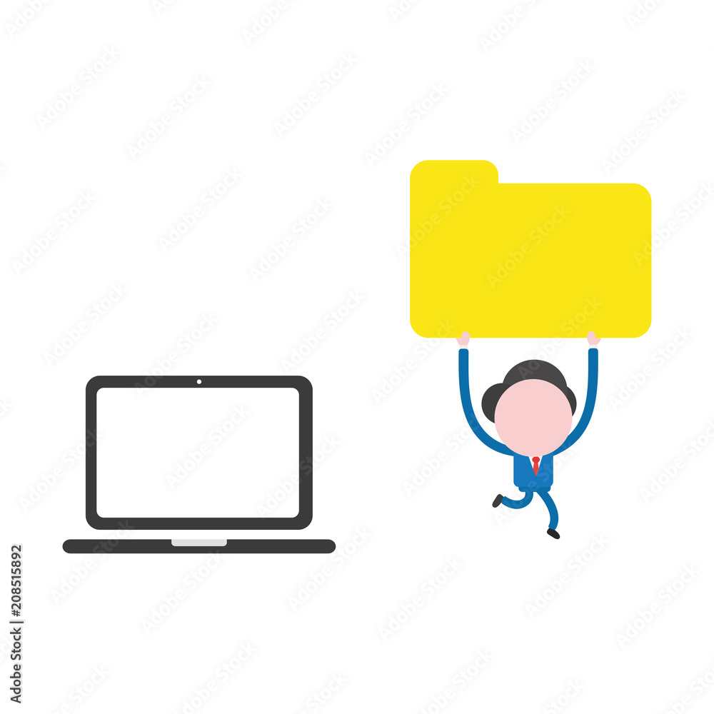 Poster vector businessman character running and carrying file folder from laptop computer