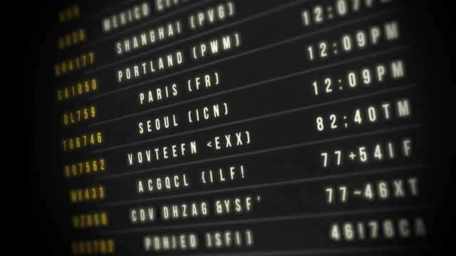 Airport Departure Board/
Animation of an airport departure board with flight, destination, time and decoding text