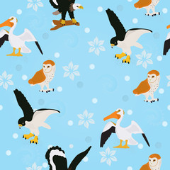 Seamless vector background with a pelican, an owl, a seagull and a falcon on a blue background