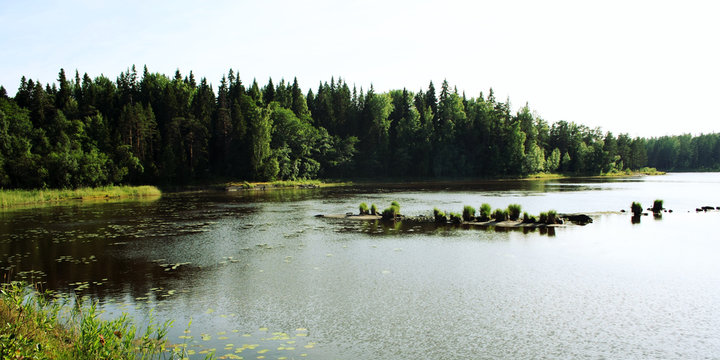 Sunny day at Ladoga lake. Nature of Russian North. Nature of Valaam island. Toned photo. Aged picture. Island of Valaam, Republic of Karelia, Russia.