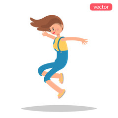 Fototapeta na wymiar Happy young girl jumping color flat illustration