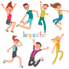 Cheerful young people jumping color flat illustration set