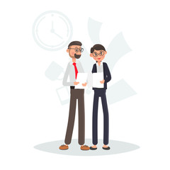 Office staff discuss documents color flat illustration