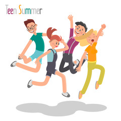 Fototapeta na wymiar Group of cheerful young people jumping together color flat illustration
