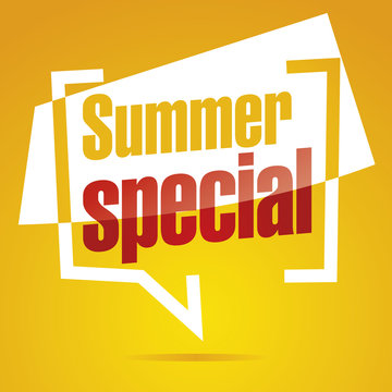 Summer special in brackets yellow white red speech icon