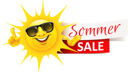 Cartoon Sonne mit Sonnenbrille und Sommer Sale Banner
