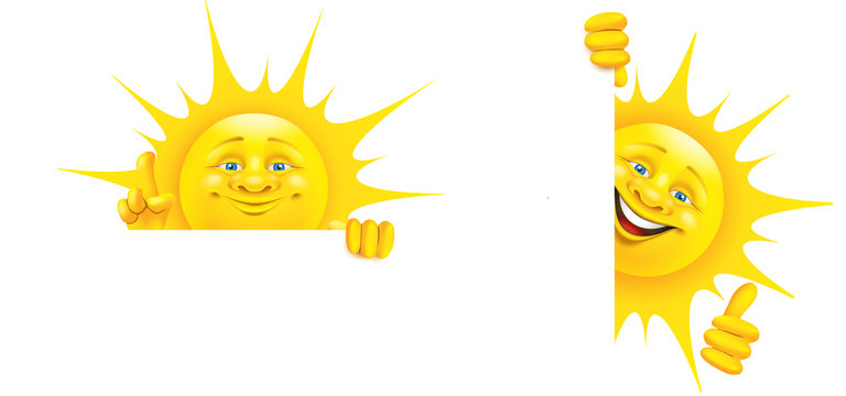 Cartoon Sonne mit Gesten hält Banner, Set -  Daumen hoch, Empfehlung