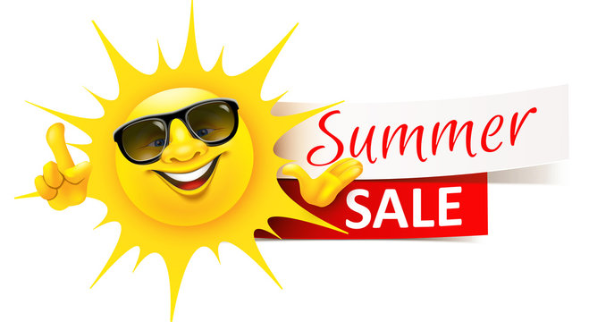 Happy Cartoon Sun with Sunglasses and Banner - Summer Sale
