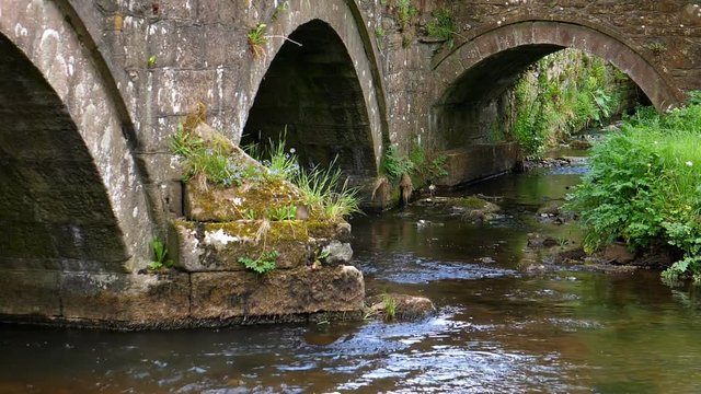 Old English architecture, arch stone bridge over river and tributary confluence or water flow junction