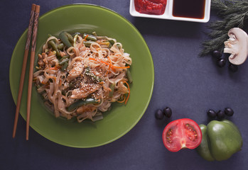 place for text noodles vegetables sushi rolls