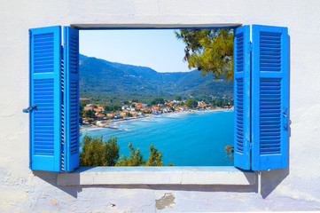 Sea view through traditional greek window in Thassos island