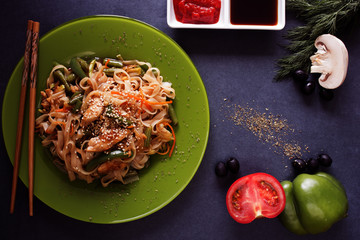 place for text noodles vegetables sushi rolls