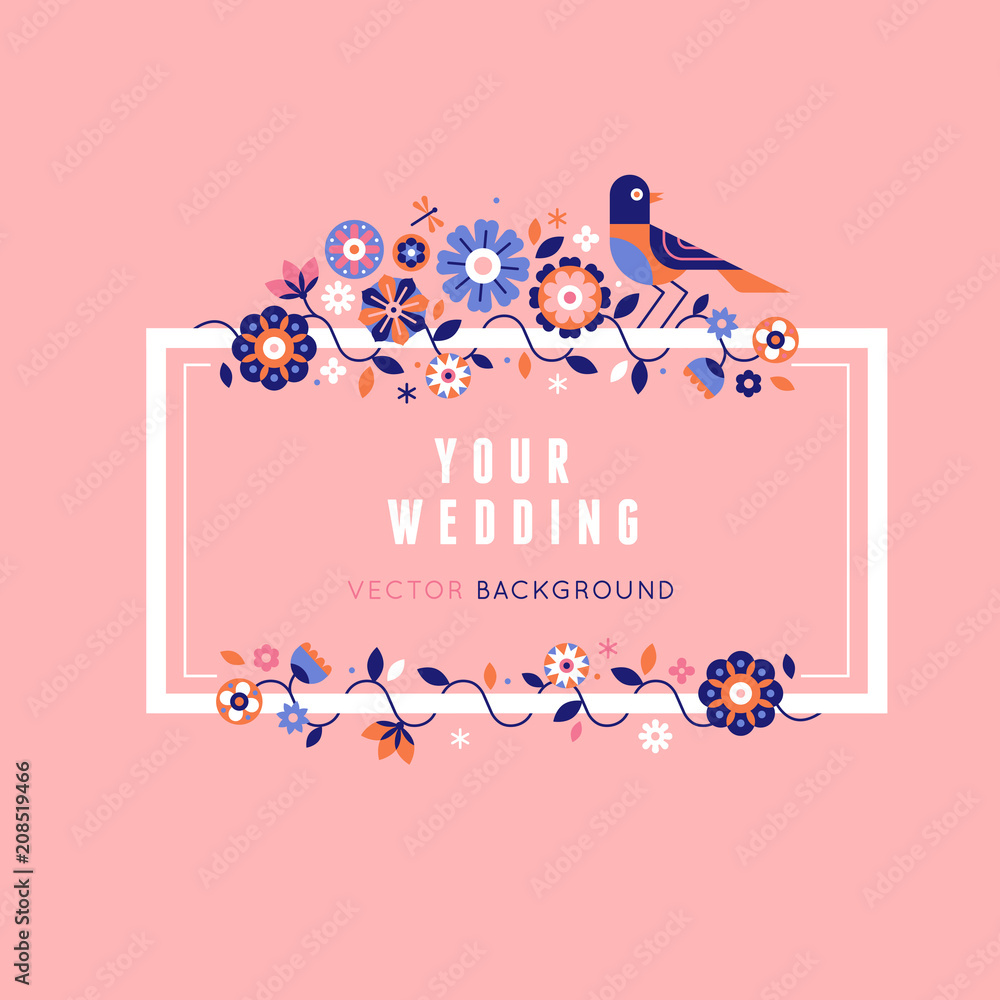 Aufkleber frame with decorative flowers, leaves and bird with copy space for text