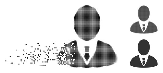 Gray vector boss icon in dispersed, dotted halftone and undamaged entire variants. Rectangle particles are used for disappearing effect. Pixels are arranged into dispersed boss figure.