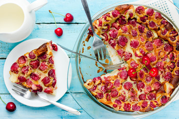 Cherry clafouti - traditional french sweet fruit dessert clafoutis with cherries