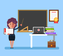 Happy smiling teacher woman character standing in classroom near blackboard and conduct lesson lecture. Education school university college concept. Vector flat cartoon graphic design isolated