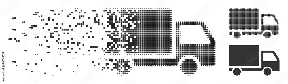 Poster gray vector delivery lorry icon in dispersed, pixelated halftone and undamaged solid variants. squar