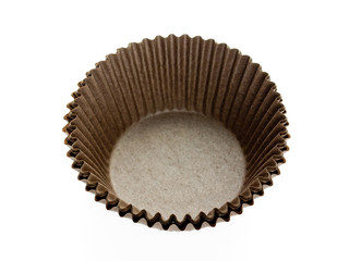 Empty brown paper cake cases isolated on white background