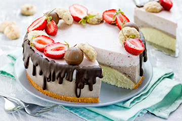 Strawberry chocolate cake - dietary cheesecake without baking with strawberry and chocolate layers on biscuit