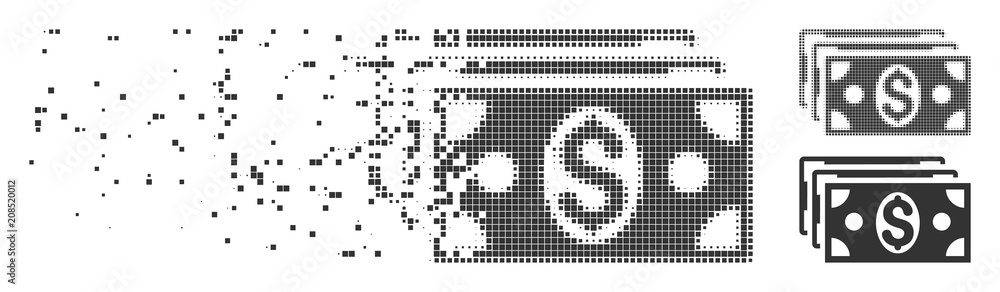 Poster grey vector dollar banknotes icon in fractured, pixelated halftone and undamaged whole variants. rec