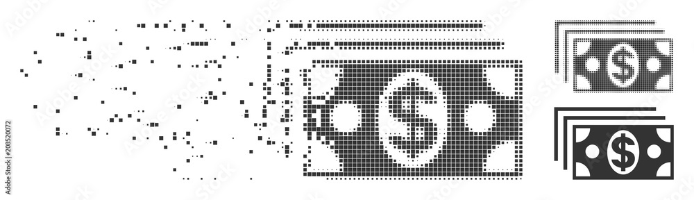Poster grey vector dollar banknotes icon in dispersed, dotted halftone and undamaged entire versions. recta