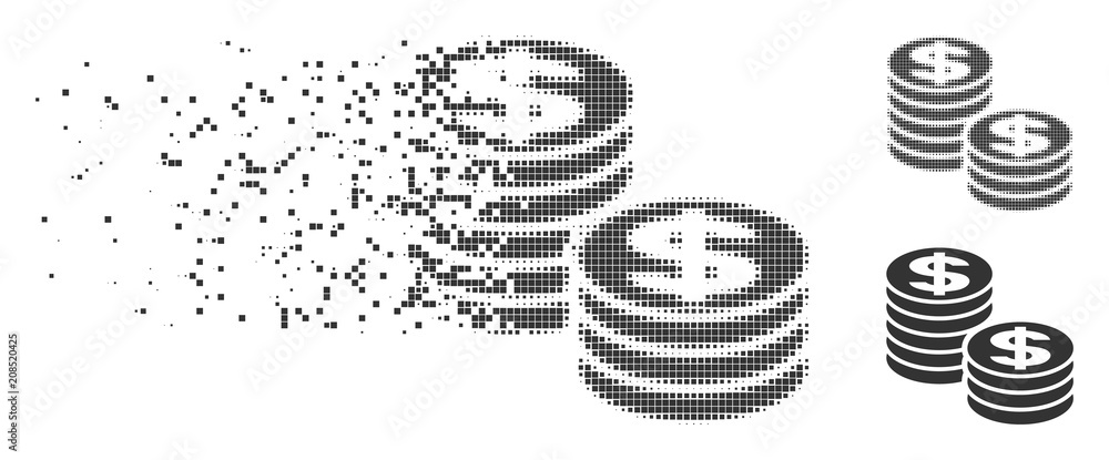 Poster grey vector dollar coin stacks icon in dispersed, dotted halftone and undamaged entire versions. rec