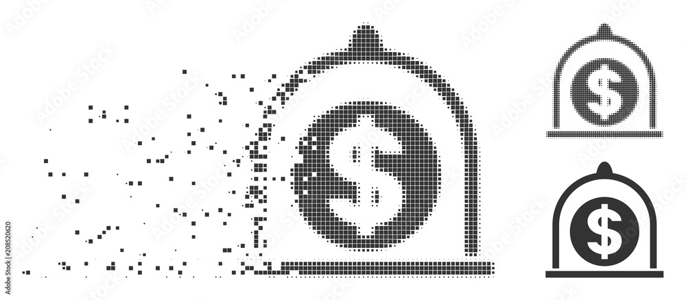 Poster grey vector dollar standard icon in fractured, pixelated halftone and undamaged entire variants. squ