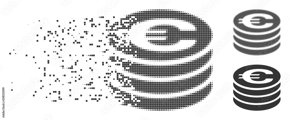 Poster gray vector euro coin column icon in fractured, pixelated halftone and undamaged whole versions. rec