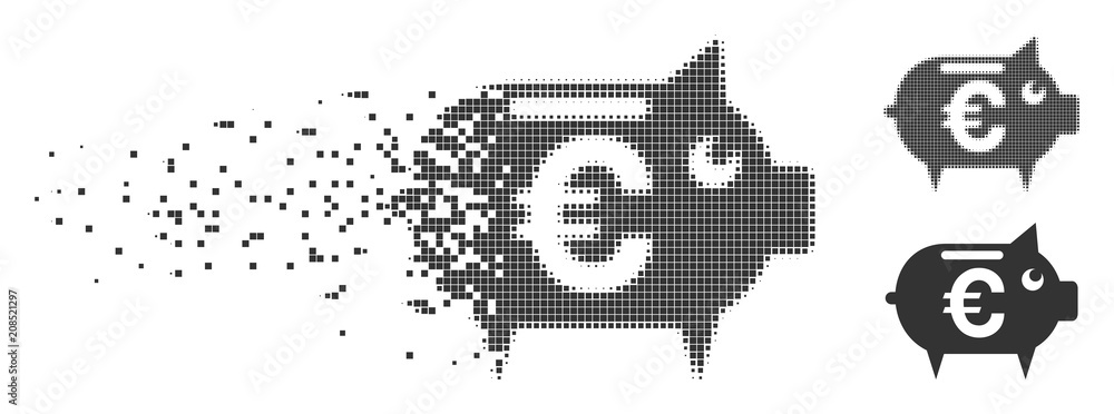 Poster gray vector euro piggy bank icon in dissolved, dotted halftone and undamaged whole versions. rectang