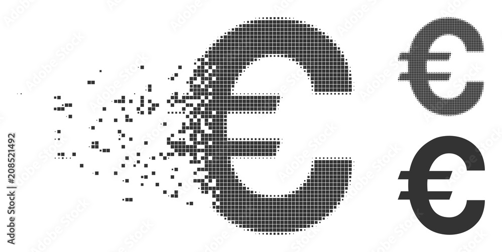 Poster gray vector euro symbol icon in dissolved, dotted halftone and undamaged whole versions. rectangle p