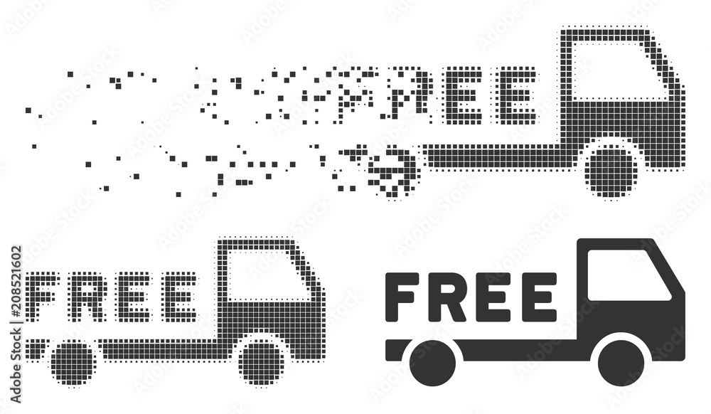 Poster gray vector free delivery icon in fractured, pixelated halftone and undamaged solid variants. rectan