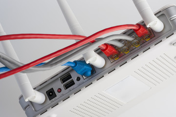 Network cables connected to the router. Network Communications