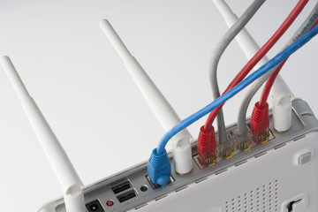 Network cables connected to the router. Network Communications