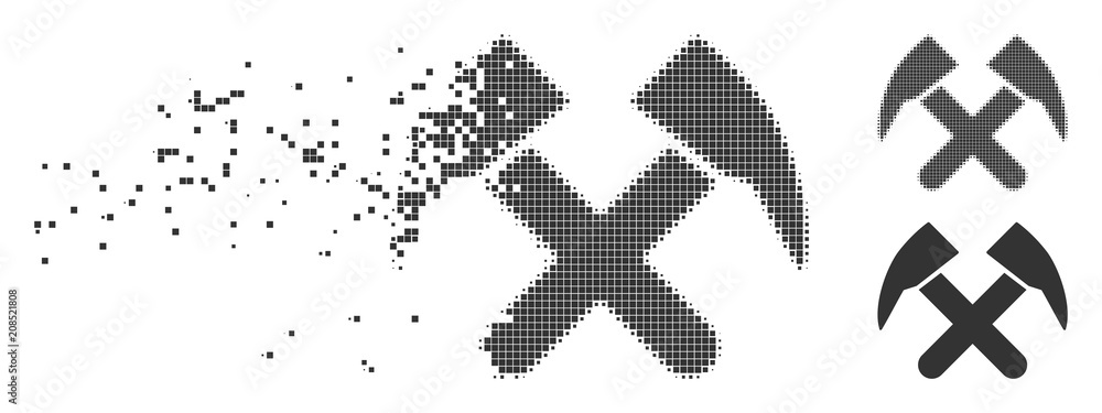 Poster grey vector job hammers icon in dispersed, pixelated halftone and undamaged solid variants. square d