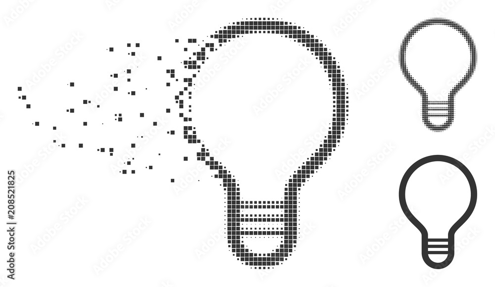 Poster gray vector lamp bulb icon in fractured, pixelated halftone and undamaged whole versions. rectangula