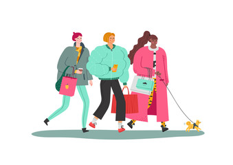 Friends (girls) stroll after shopping. Naive style vector.