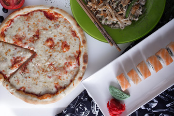 pizza noodles sushi rolls